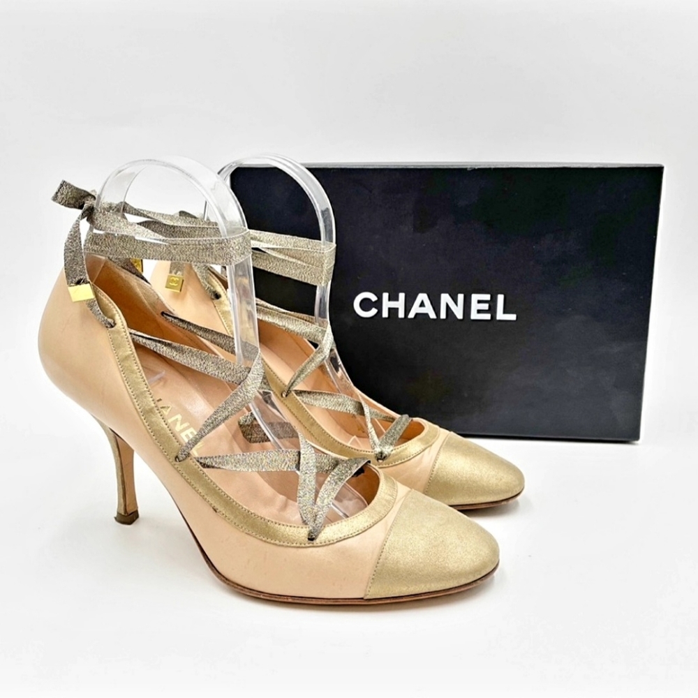 💯 Chanel Ribbon Ankle Wrap Ballet Heels
